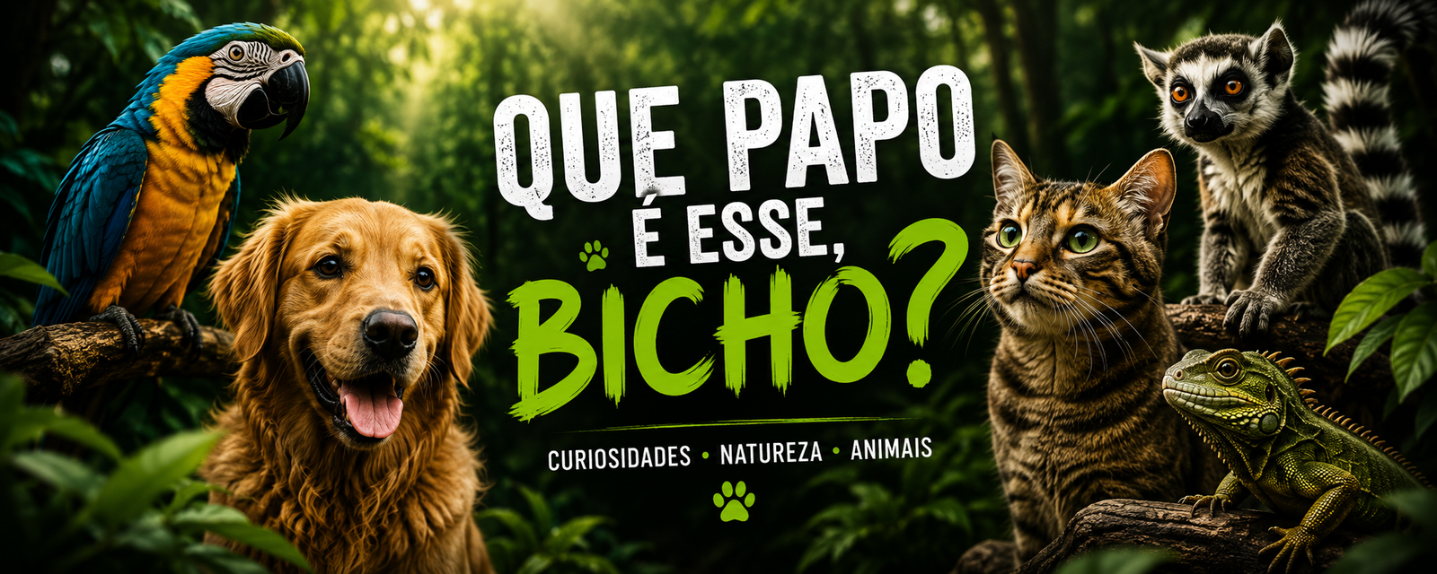Arara, cachorro, gato, lêmure e iguana em cenário de natureza no banner do site Que Papo É Esse, Bicho?