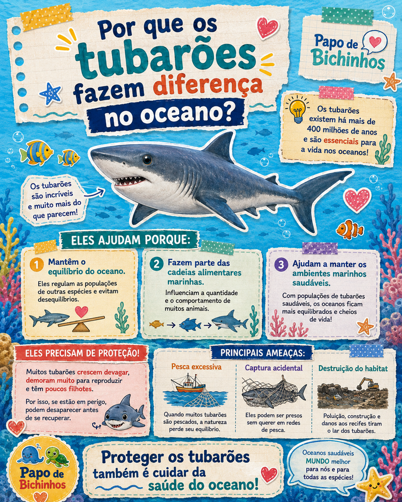 Infográfico infantil mostra por que os tubarões são importantes para o oceano, destacando equilíbrio marinho, cadeias alimentares e a necessidade de proteger essas espécies.
