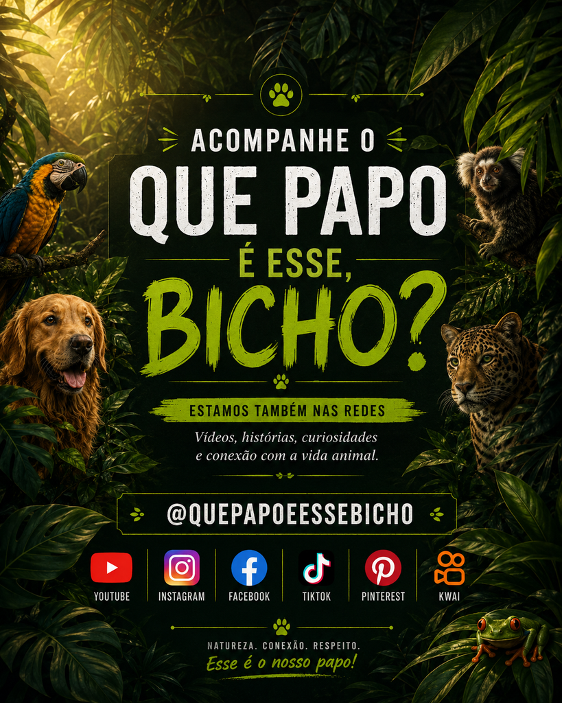Arte do Que Papo É Esse, Bicho? com animais em cenário de floresta e convite para acompanhar o projeto nas redes sociais.