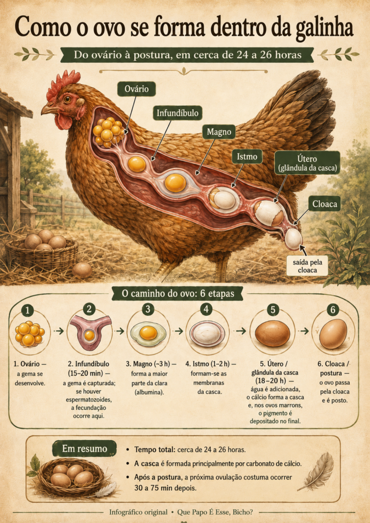 Infográfico mostra o caminho da formação do ovo na galinha, do ovário ao oviduto, até a passagem pela cloaca e a postura.