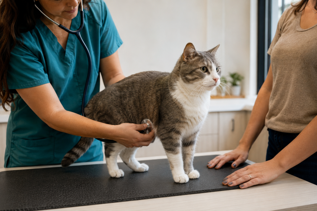 Médica-veterinária examina um gato cinza e branco durante uma consulta.