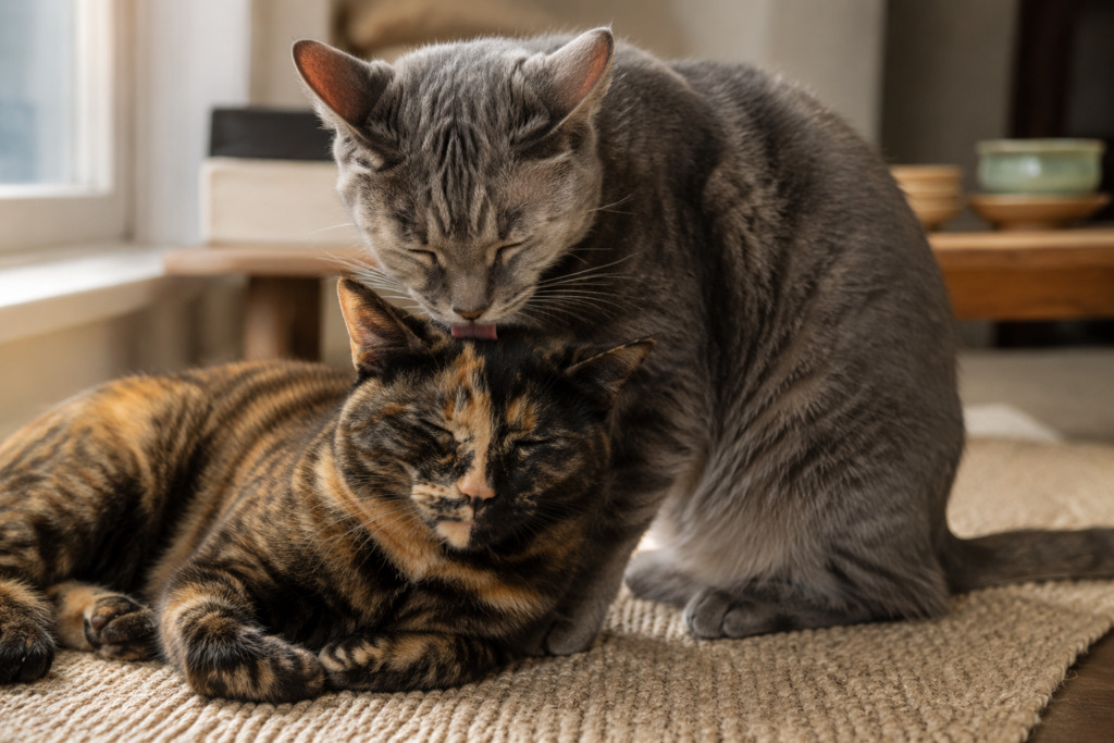 Gato cinza lambe a cabeça de uma gata escaminha durante momento de convivência.