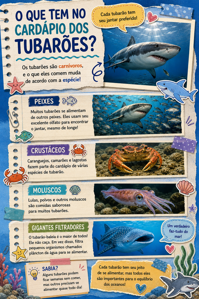 Infográfico infantil explica o que os tubarões comem, mostrando peixes, crustáceos, moluscos, outros animais marinhos e o tubarão-baleia filtrando pequenos organismos.