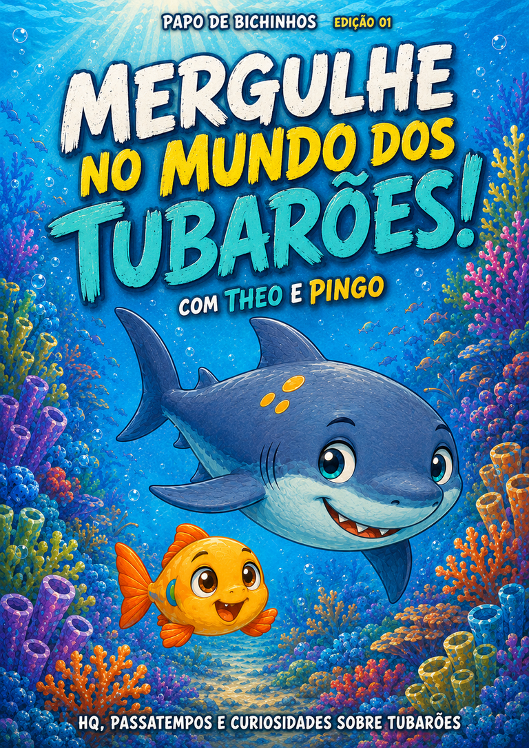 Capa da revista infantil sobre tubarões PDF Papo de Bichinhos com Theo e Pingo