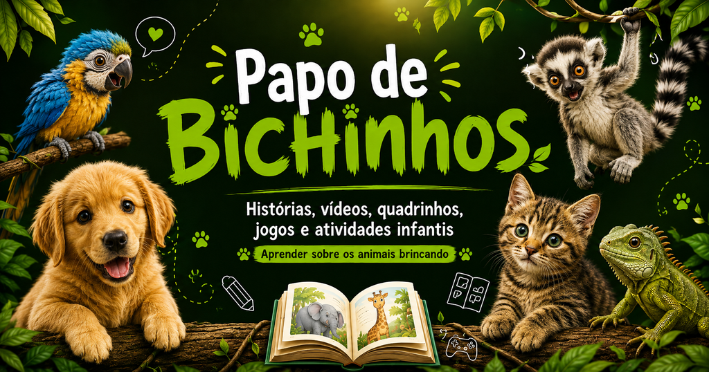 Filhotes de animais em cenário de floresta ilustram a página Papo de Bichinhos, com histórias, jogos e atividades infantis sobre animais.