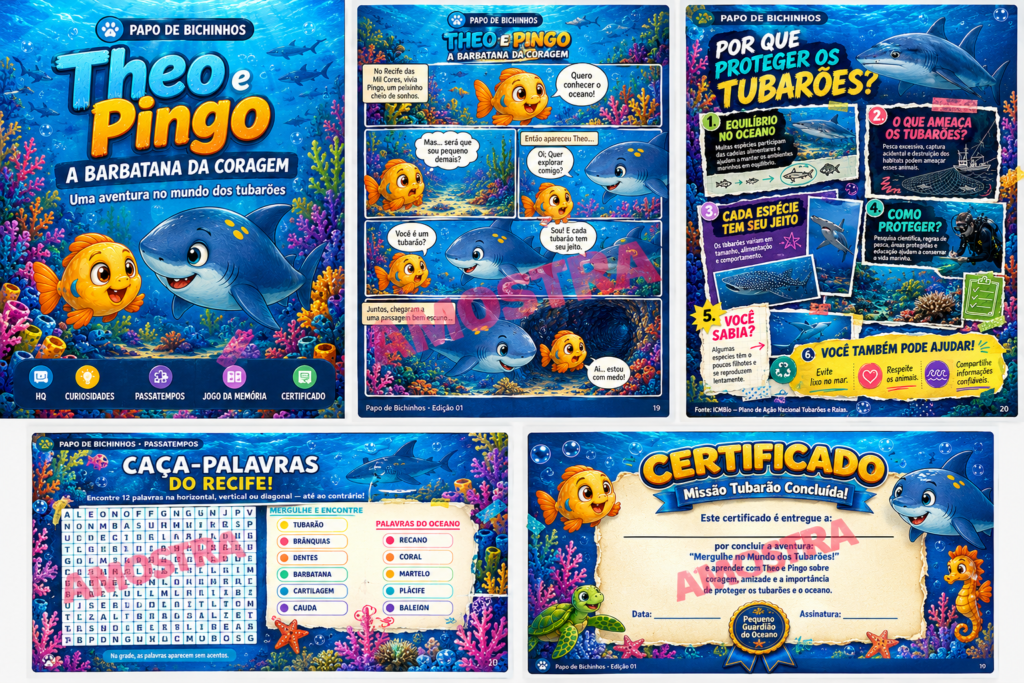 Prévia da revista infantil sobre tubarões em PDF Papo de Bichinhos com Theo e Pingo
