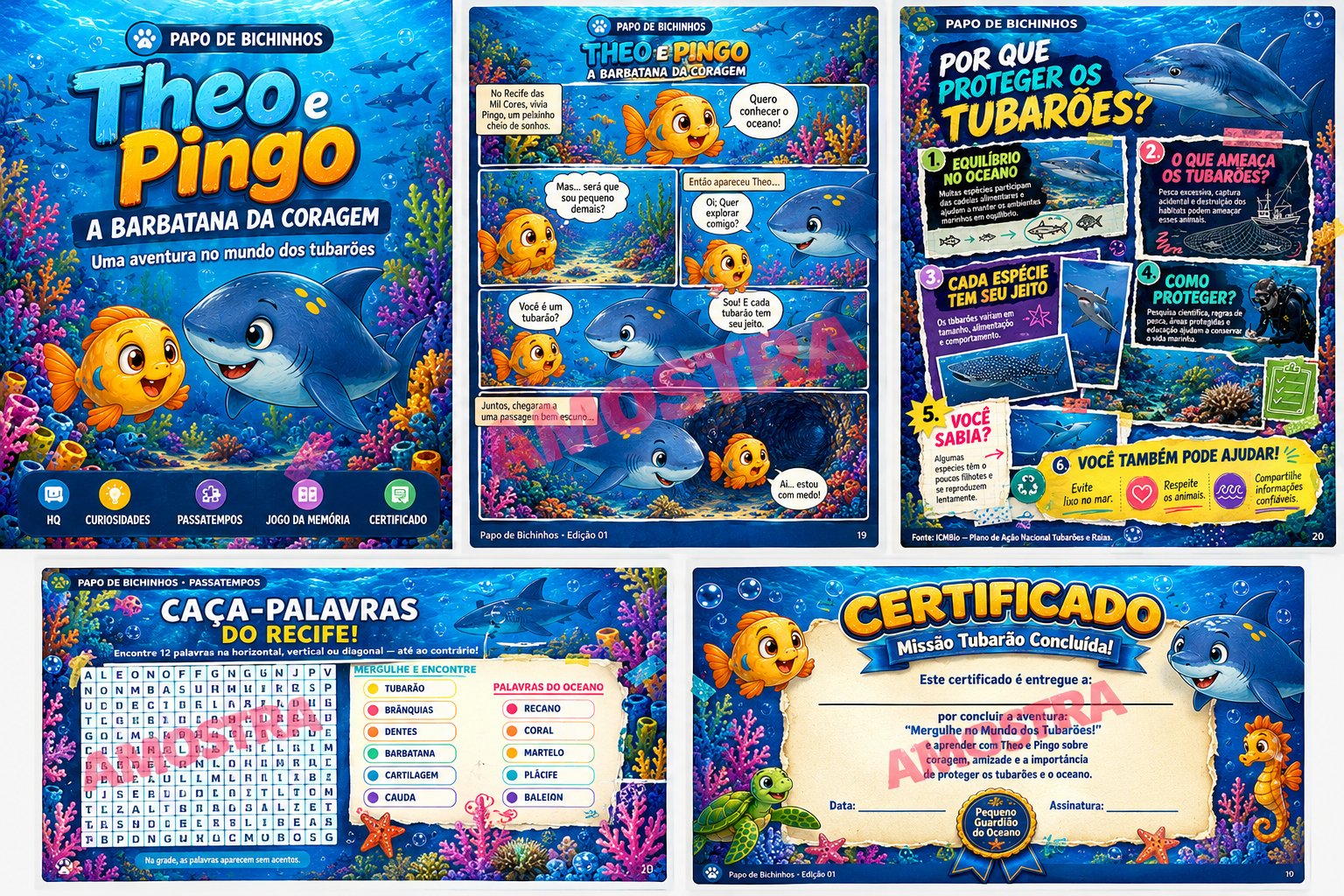 Prévia da revista infantil sobre tubarões em PDF Papo de Bichinhos com Theo e Pingo