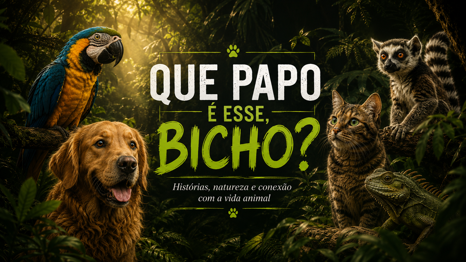 Imagem institucional do Que Papo É Esse, Bicho? com arara, cachorro, gato, lêmure e iguana em cenário de floresta.