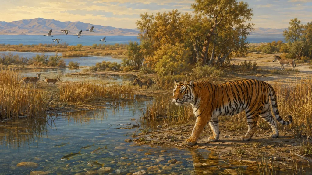 Ilustração de tigre-de-amur em Ile-Balkhash com cervos, javalis, kulan, aves e peixes.
