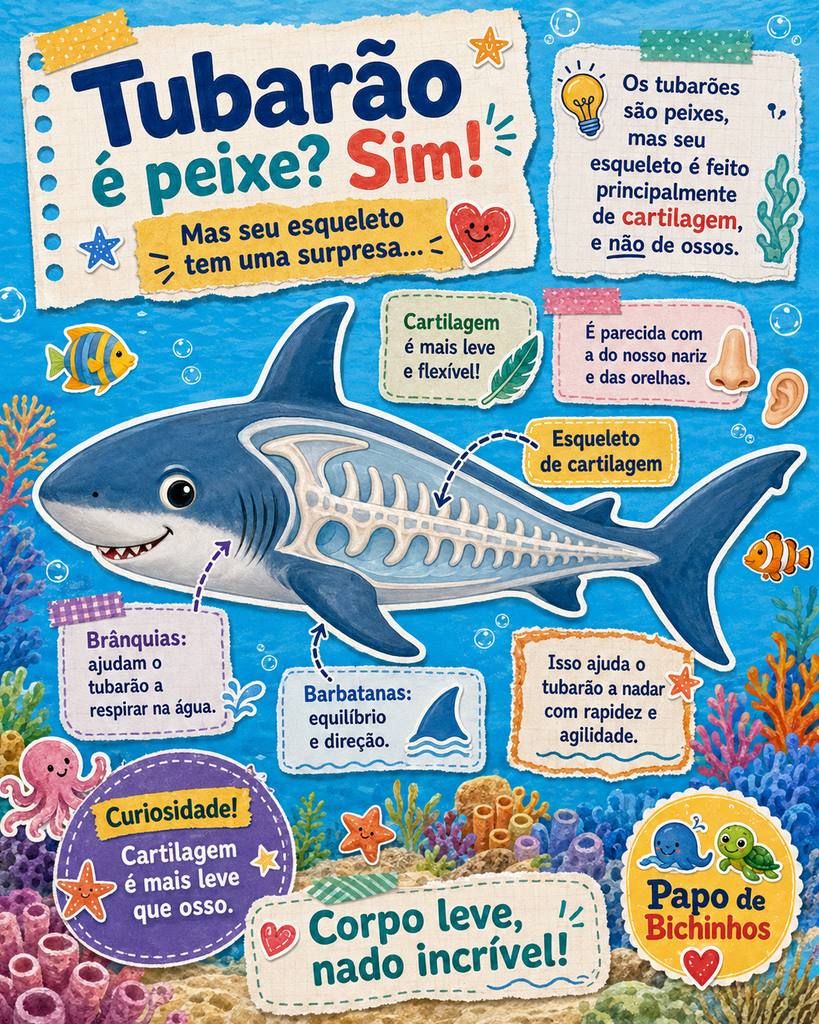 Infográfico infantil mostra que o tubarão é um peixe com esqueleto de cartilagem, além de destacar brânquias, barbatanas e a leveza do corpo para nadar.