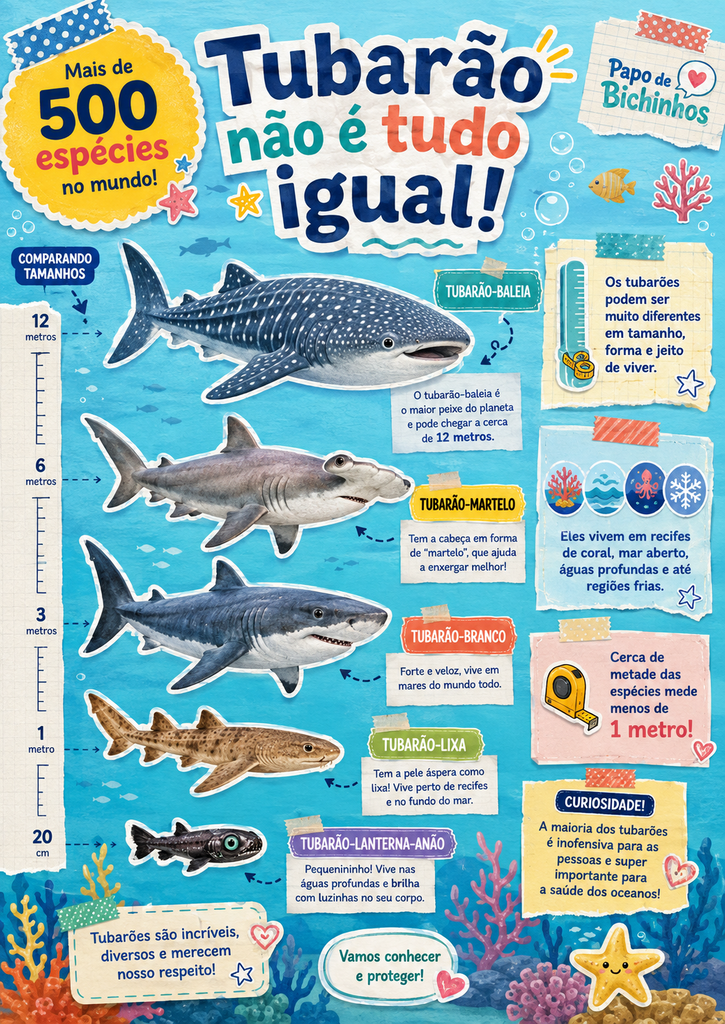 Infográfico infantil mostra a diversidade dos tubarões, com tubarão-baleia, tubarão-martelo, tubarão-branco, tubarão-lixa e tubarão-lanterna-anão em comparação de tamanhos.