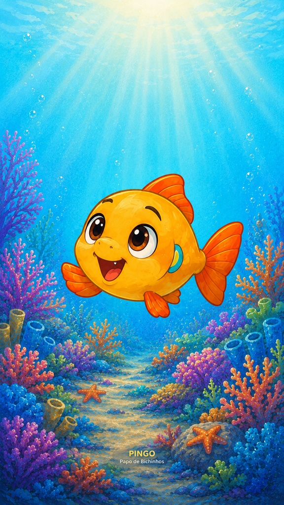 Pingo, o peixinho do Papo de Bichinhos, nadando entre corais coloridos em wallpaper infantil para celular.
