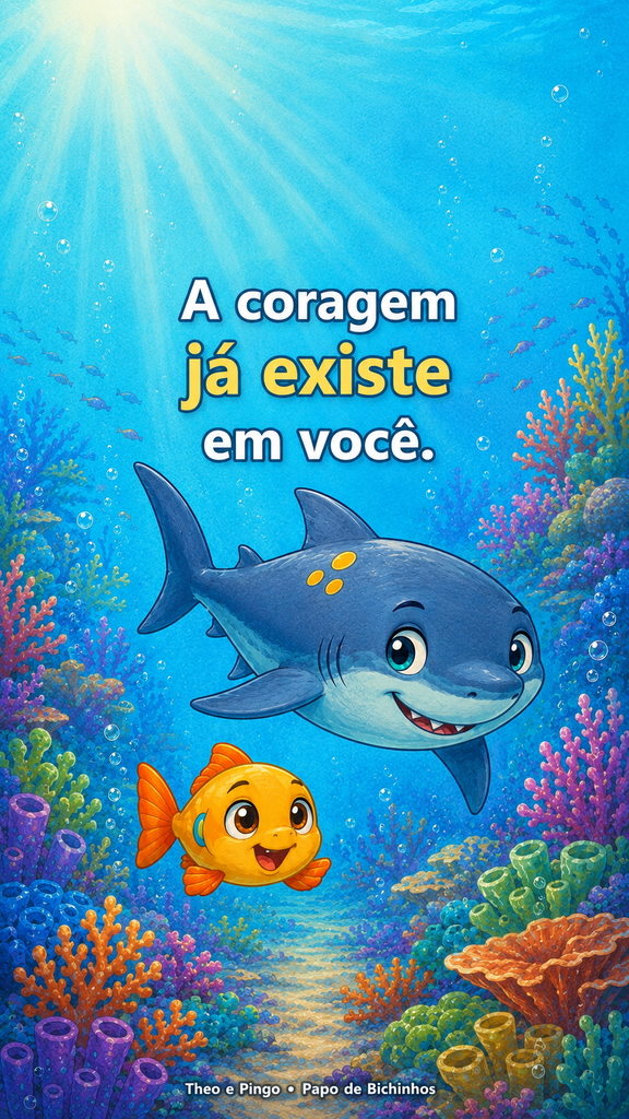 Theo e Pingo no fundo do mar com a frase “A coragem já existe em você”, em wallpaper infantil do Papo de Bichinhos.