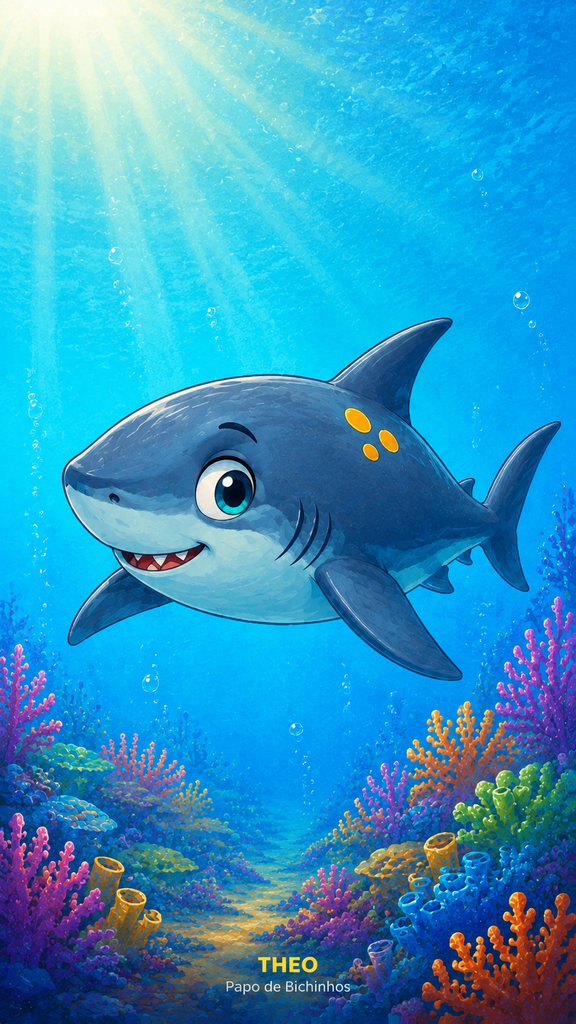 Theo, o tubarão do Papo de Bichinhos, nadando em um recife de coral colorido em wallpaper para celular.