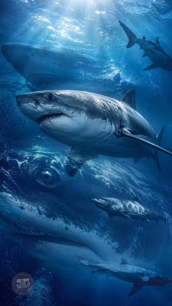 Wallpaper vertical com tubarões nadando no oceano em águas azuis, criado para o site Que Papo É Esse, Bicho?.