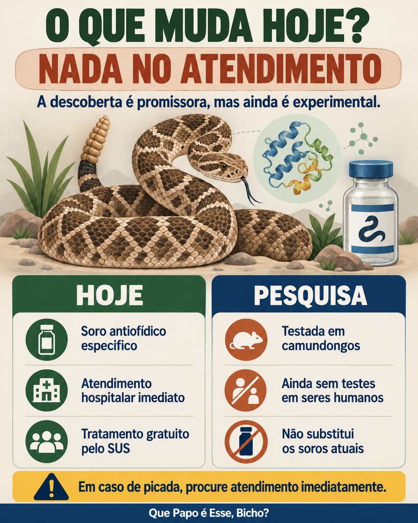 Infográfico explica que o antiveneno feito com proteínas do sangue de cascavel ainda não muda o atendimento atual