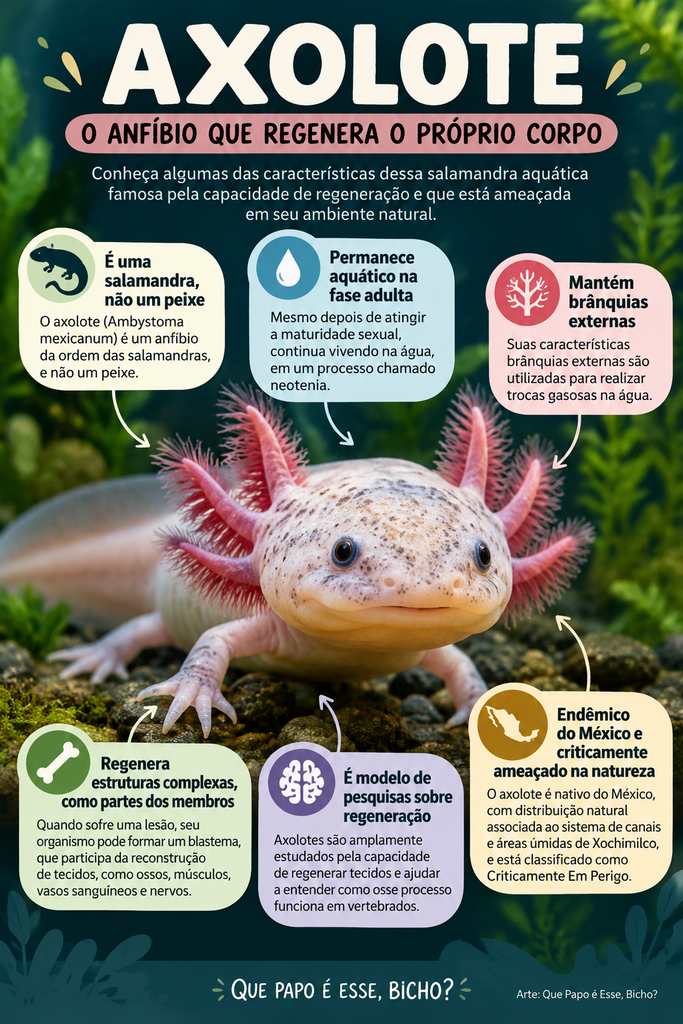 Infográfico explica características do axolote, como brânquias externas, vida aquática e capacidade de regeneração.