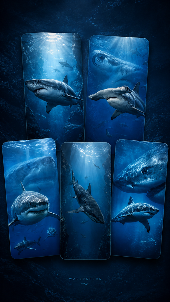 Montagem com coleção de wallpapers de tubarões em estilo dramático subaquático para a seção Instinto Semanal do site Que Papo É Esse, Bicho?