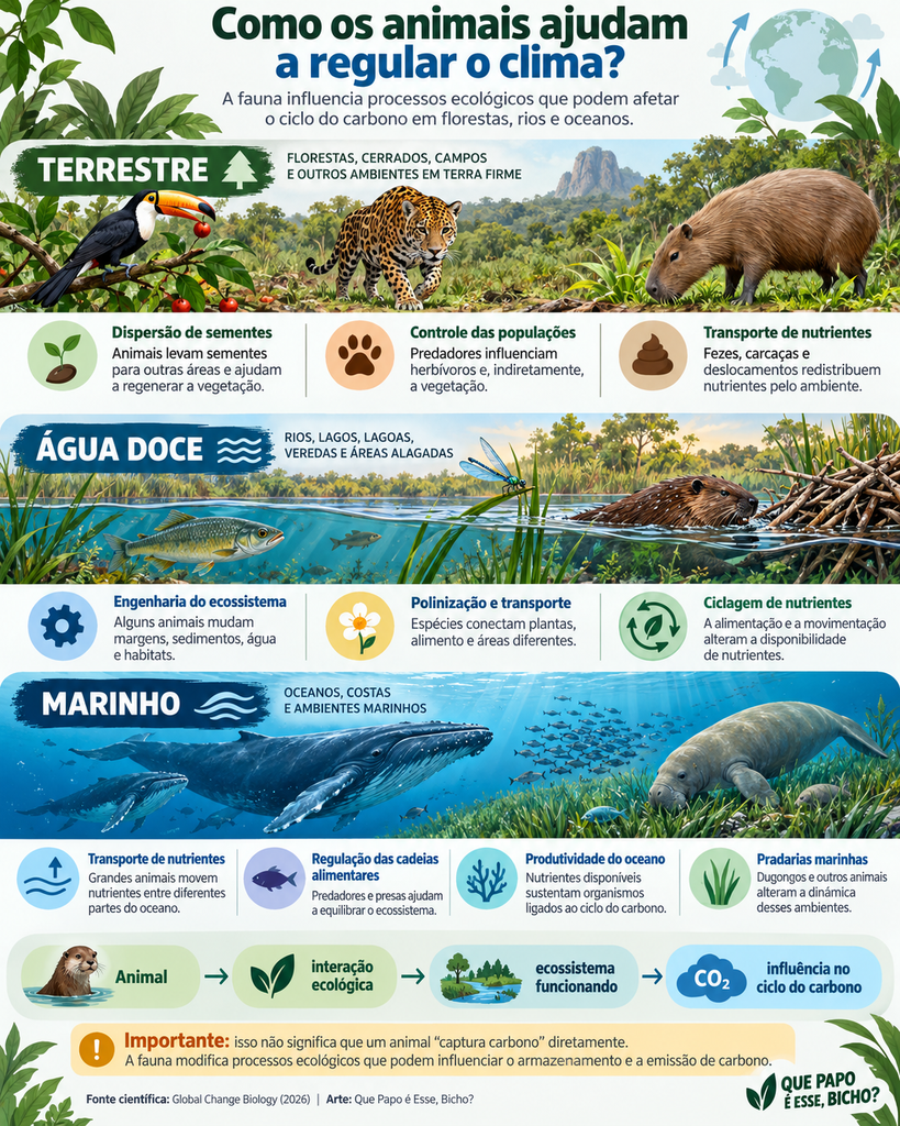 Infográfico mostra como animais terrestres, de água doce e marinhos influenciam processos ecológicos ligados ao ciclo do carbono.