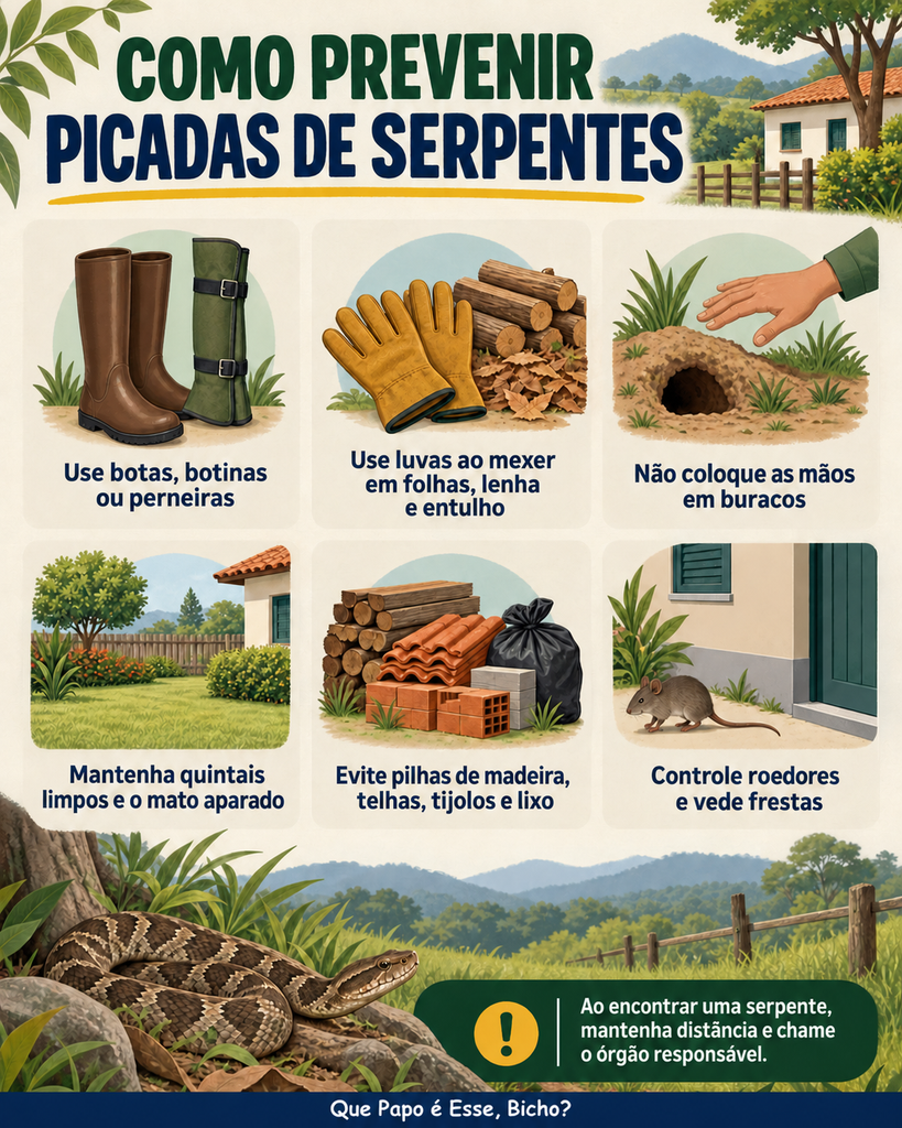 Infográfico mostra medidas para prevenir picadas de serpentes, como usar botas e luvas e manter o quintal limpo.
