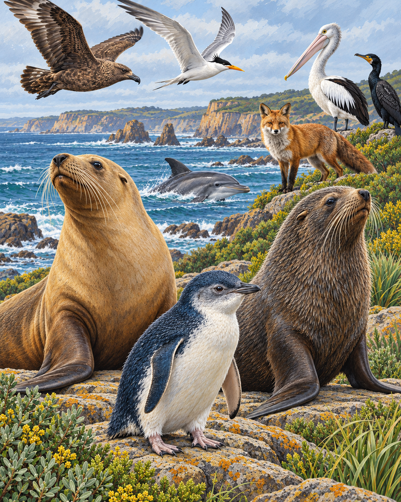 Ilustração sobre o H5N1 em aves e mamíferos reúne diferentes espécies da fauna australiana.