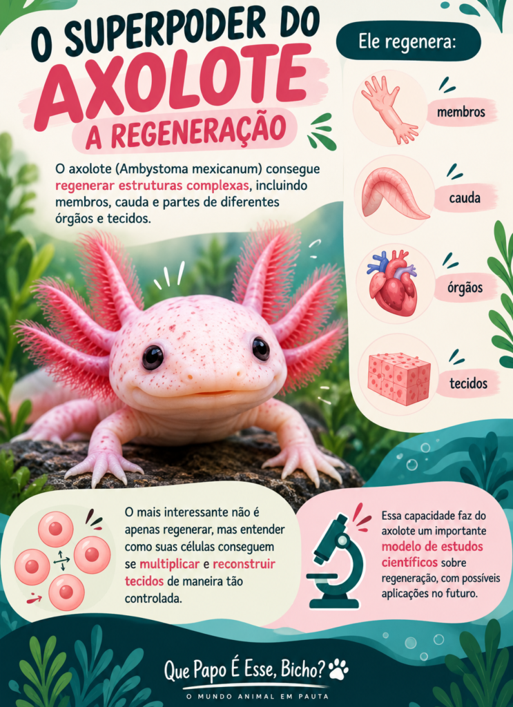Infográfico sobre a regeneração do axolote e sua capacidade de reconstruir partes do corpo.