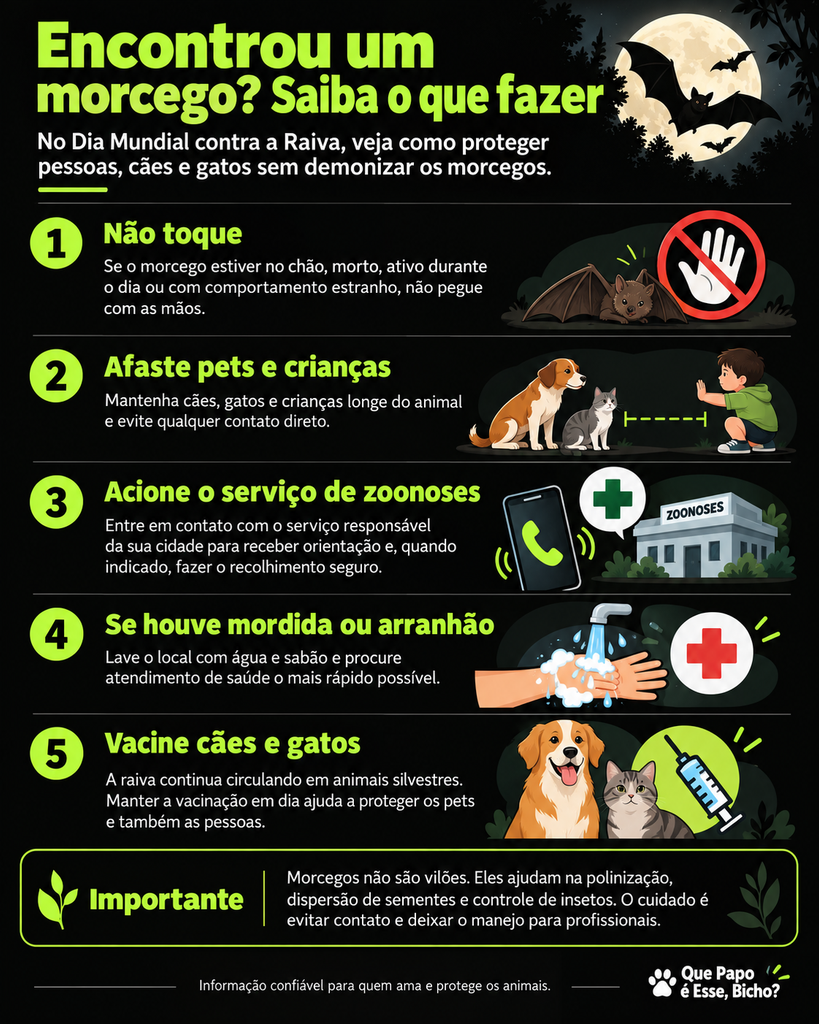 Infográfico com orientações sobre o que fazer ao encontrar um morcego e como prevenir a raiva.