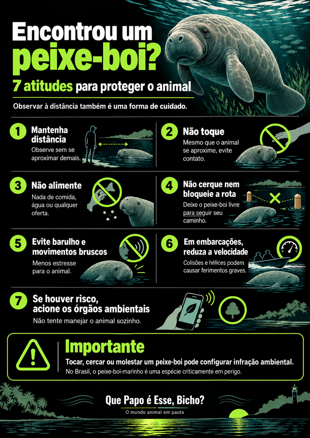 Infográfico com sete orientações para proteger um peixe-boi, como manter distância, não tocar, não alimentar e reduzir a velocidade de embarcações.
