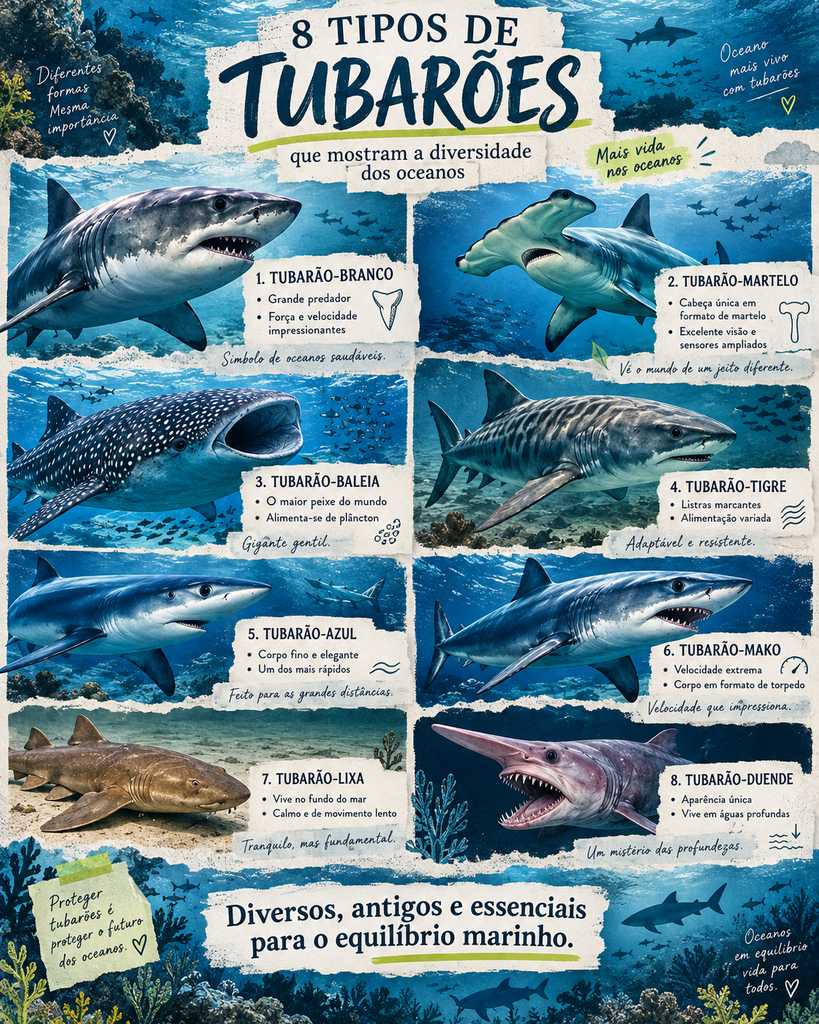 Infográfico ilustrado com oito tipos de tubarões, incluindo tubarão-branco, tubarão-martelo, tubarão-baleia, tubarão-tigre, tubarão-azul, tubarão-mako, tubarão-lixa e tubarão-duende.