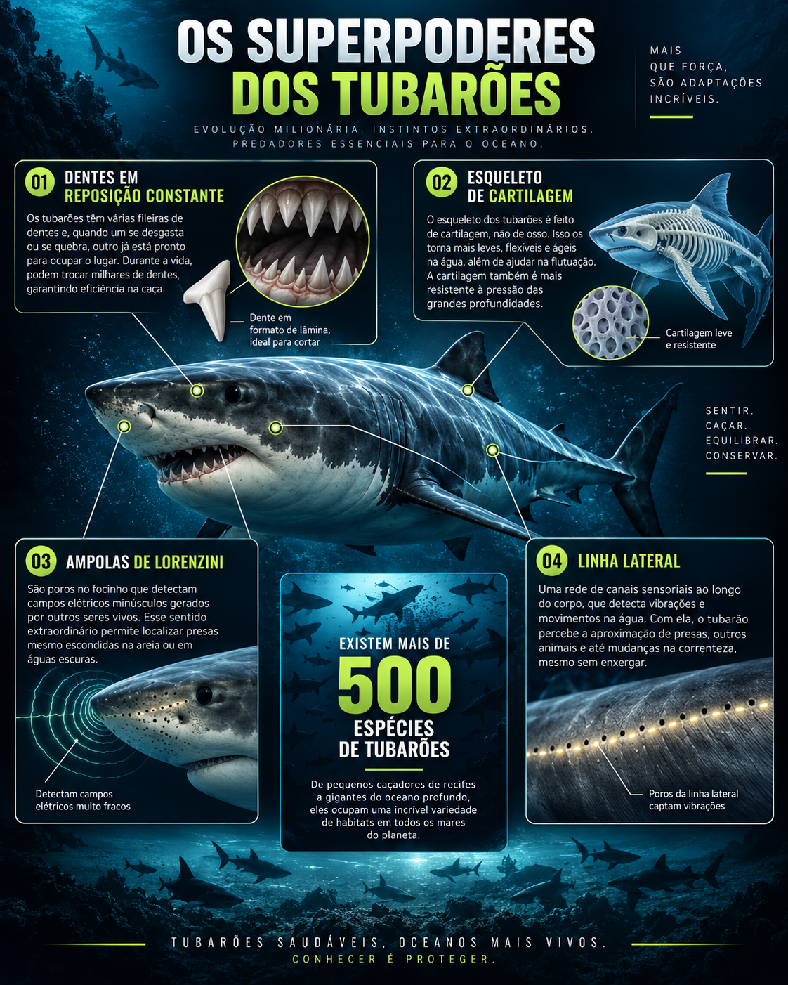 Infográfico sobre os superpoderes dos tubarões, explicando dentes em reposição constante, esqueleto de cartilagem, ampolas de Lorenzini, linha lateral e a existência de mais de 500 espécies.