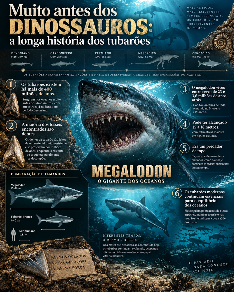 Infográfico sobre a longa história dos tubarões, mostrando que eles existem há mais de 400 milhões de anos, sobreviveram a extinções em massa e tiveram representantes gigantes como o megalodon.