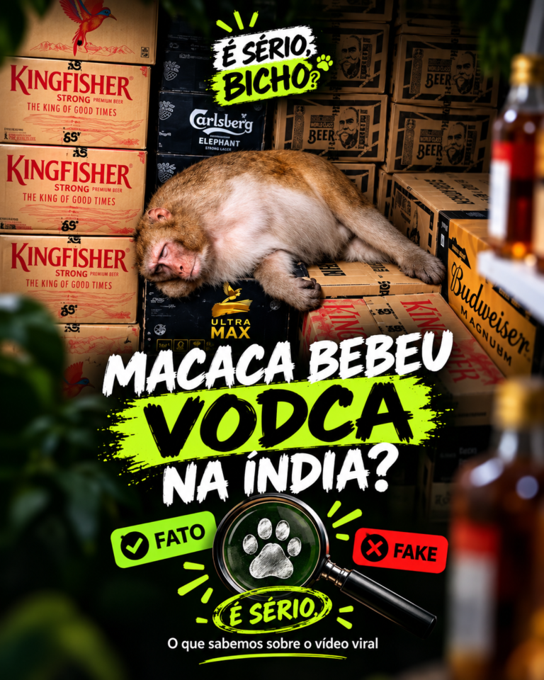 Capa da editoria É sério, bicho? mostra uma macaca deitada sobre caixas de bebidas em uma loja, com a pergunta “Macaca bebeu vodca na Índia?” e elementos visuais de checagem, como lupa, selo fato/fake e veredito “É sério”.