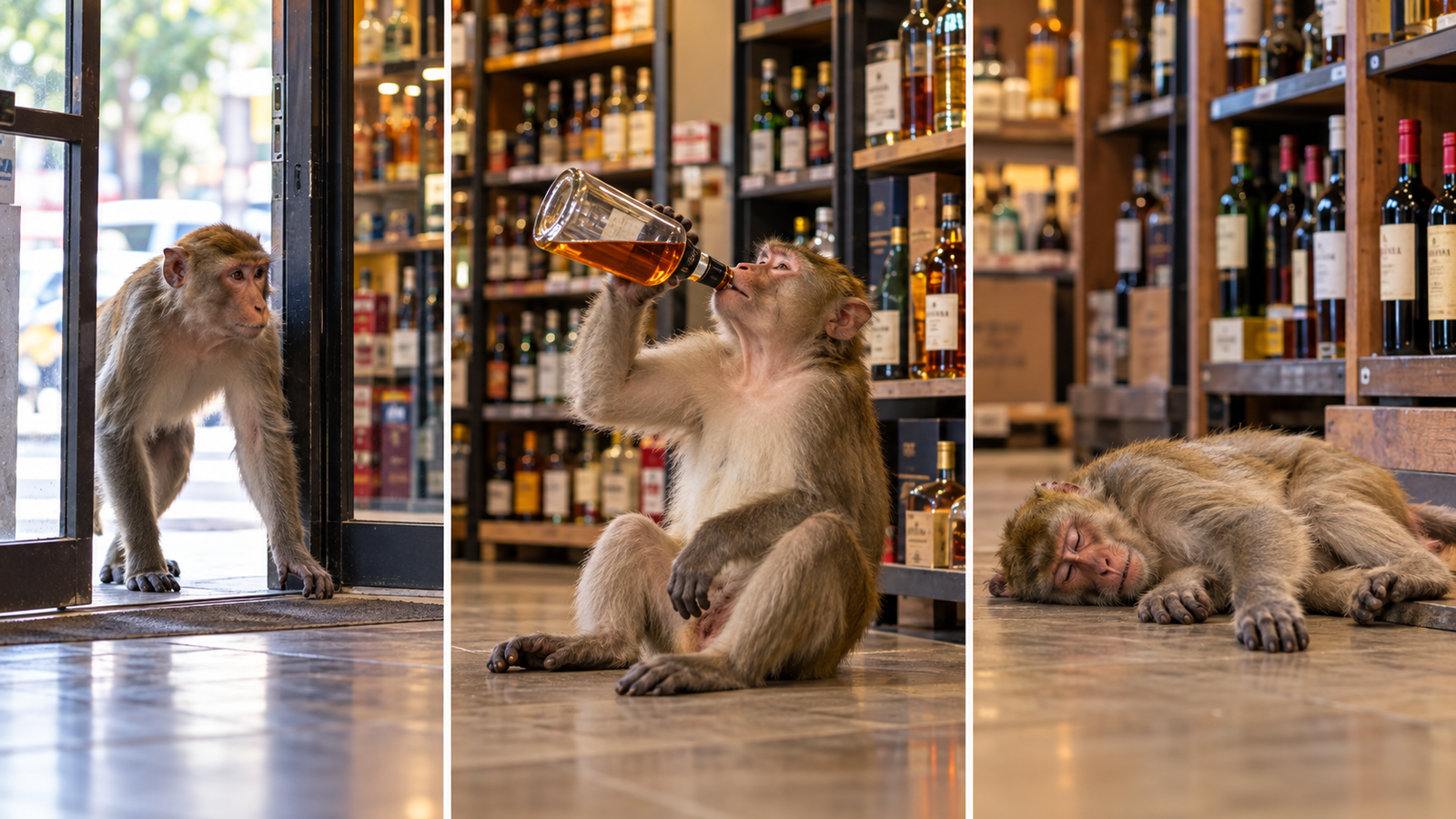 Montagem ilustrativa em três quadros mostrando uma macaca entrando em uma loja, segurando uma garrafa e depois deitada no chão.