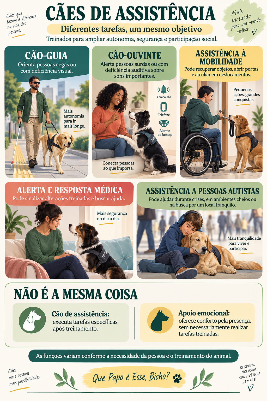 Infográfico apresenta cinco modalidades de cães de assistência: cão-guia, cão-ouvinte, assistência à mobilidade, alerta e resposta médica e assistência a pessoas autistas.