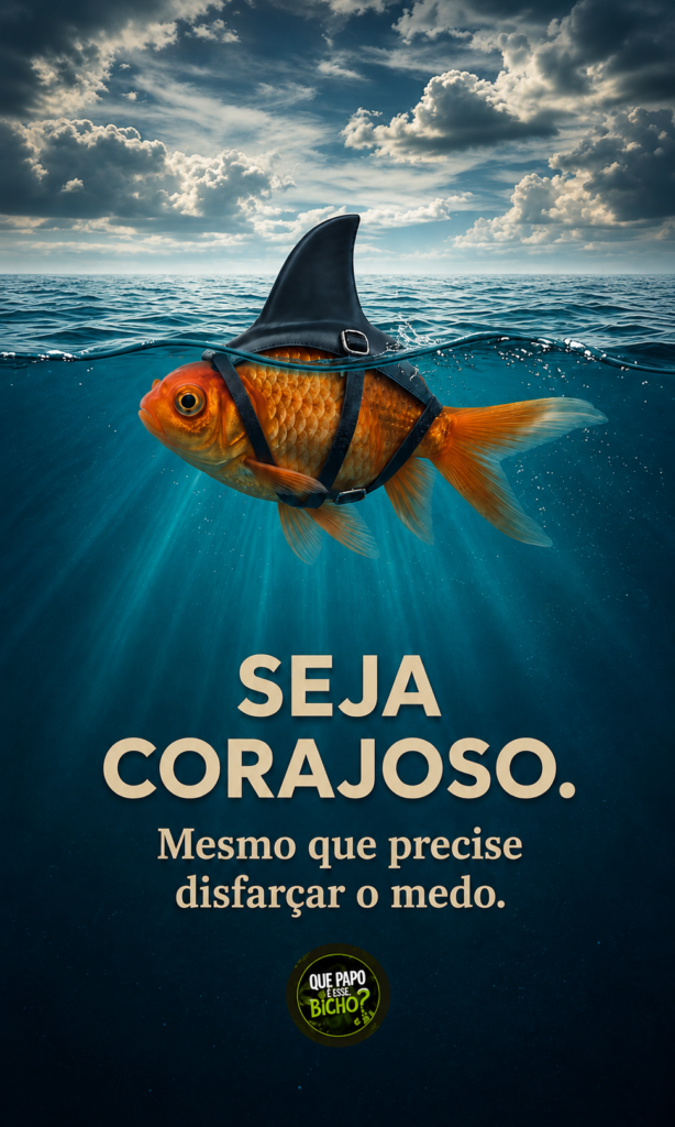 Peixinho laranja no mar usando uma barbatana de tubarão, com a frase “Seja corajoso. Mesmo que precise disfarçar o medo.”