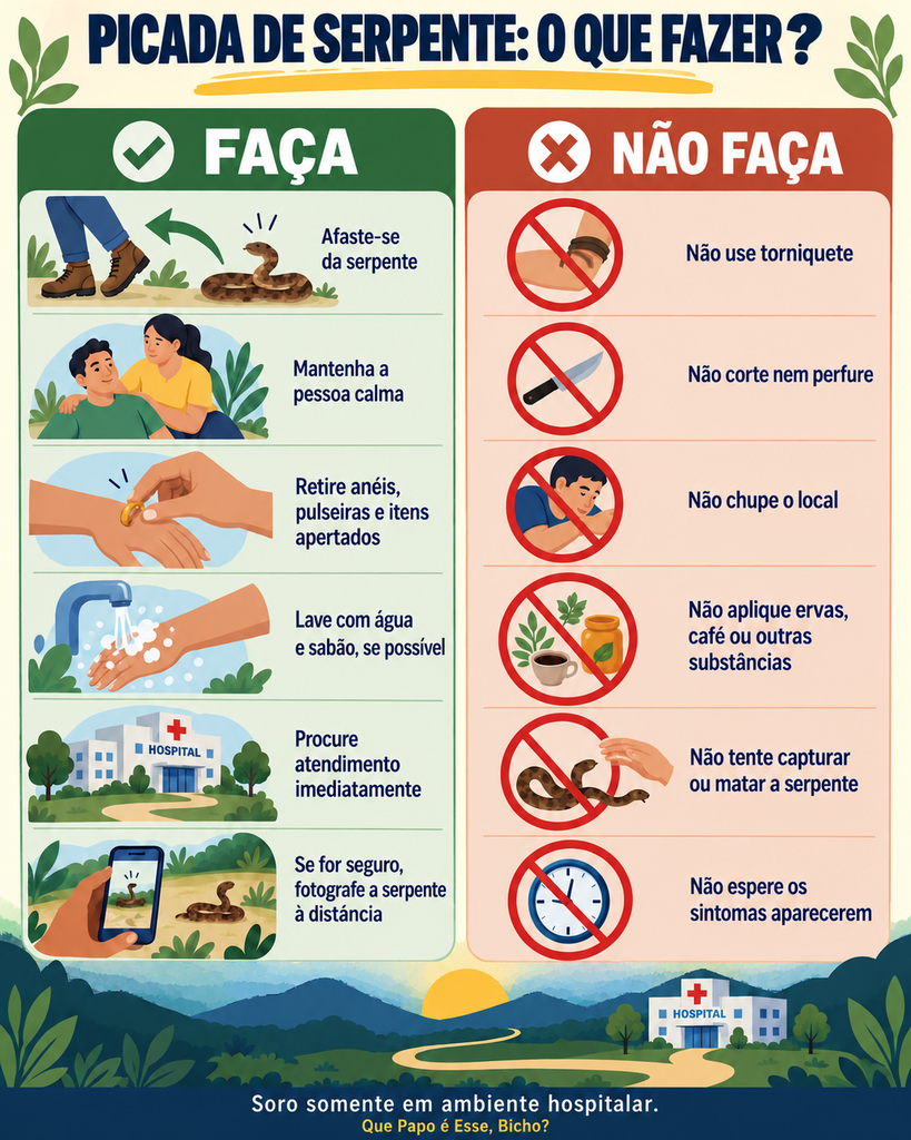 Infográfico orienta o que fazer e o que evitar após uma picada de serpente.