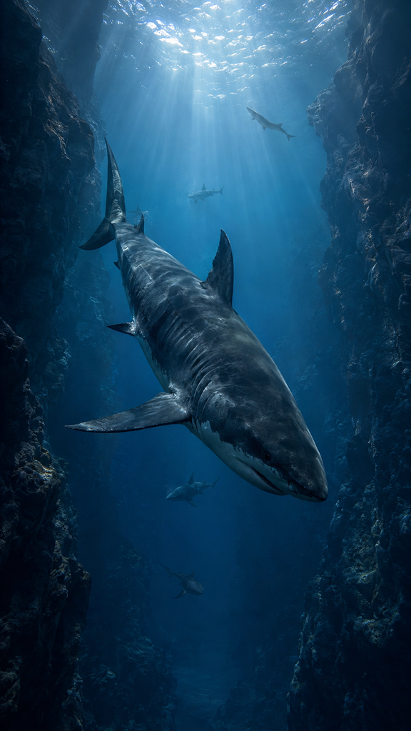 Tubarão nadando entre paredões rochosos submersos em um cânion marinho, com raios de luz atravessando a água e outros tubarões ao fundo.