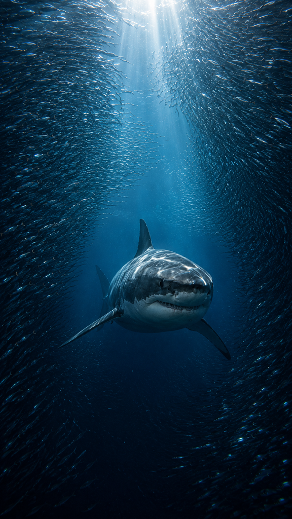 Tubarão nadando sozinho por uma passagem aberta entre grandes cardumes de peixes no oceano.