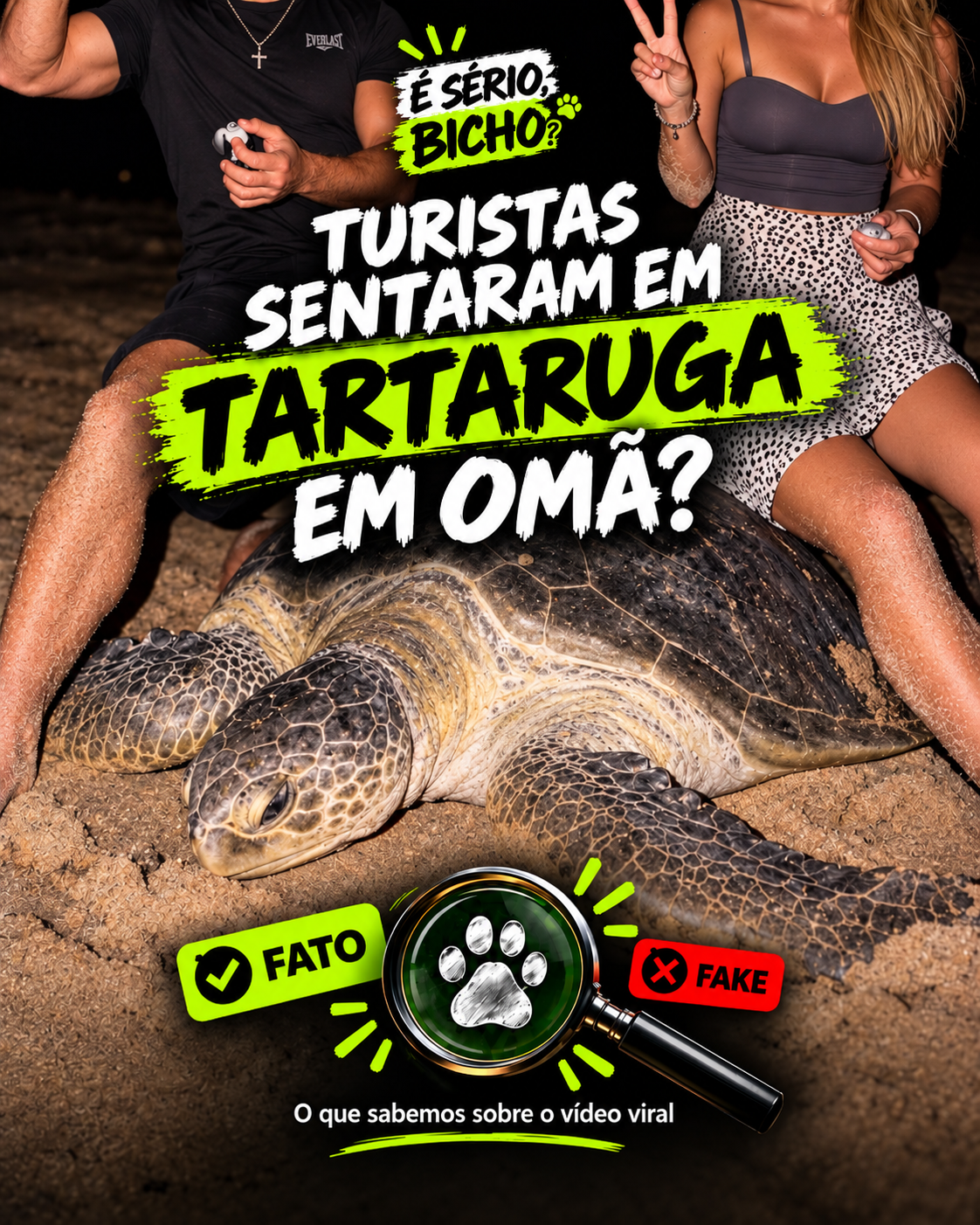 Capa da checagem É sério, bicho? sobre turistas sentados em uma tartaruga-marinha em Omã.