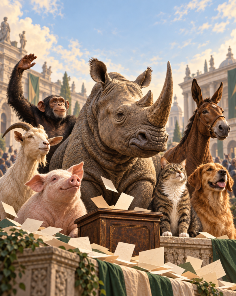 Ilustração de animais candidatos em eleições, com rinoceronte, chimpanzé, bode, mula, porco, gato e cachorro.
