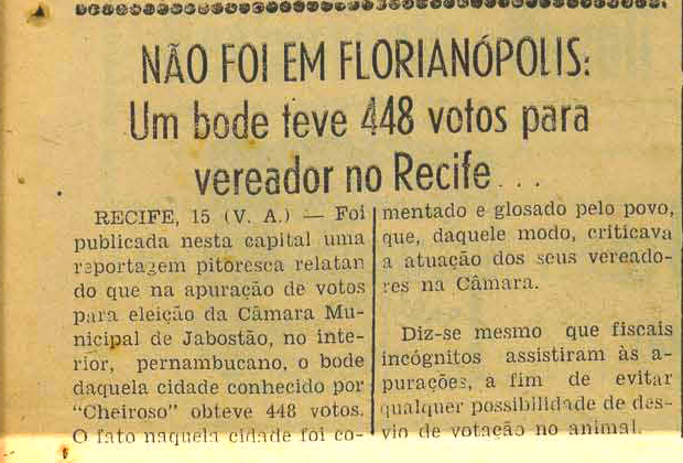 Recorte do jornal O Estado de 1955 informando que o Bode Cheiroso teria recebido 448 votos para vereador em Jaboatão, Pernambuco.