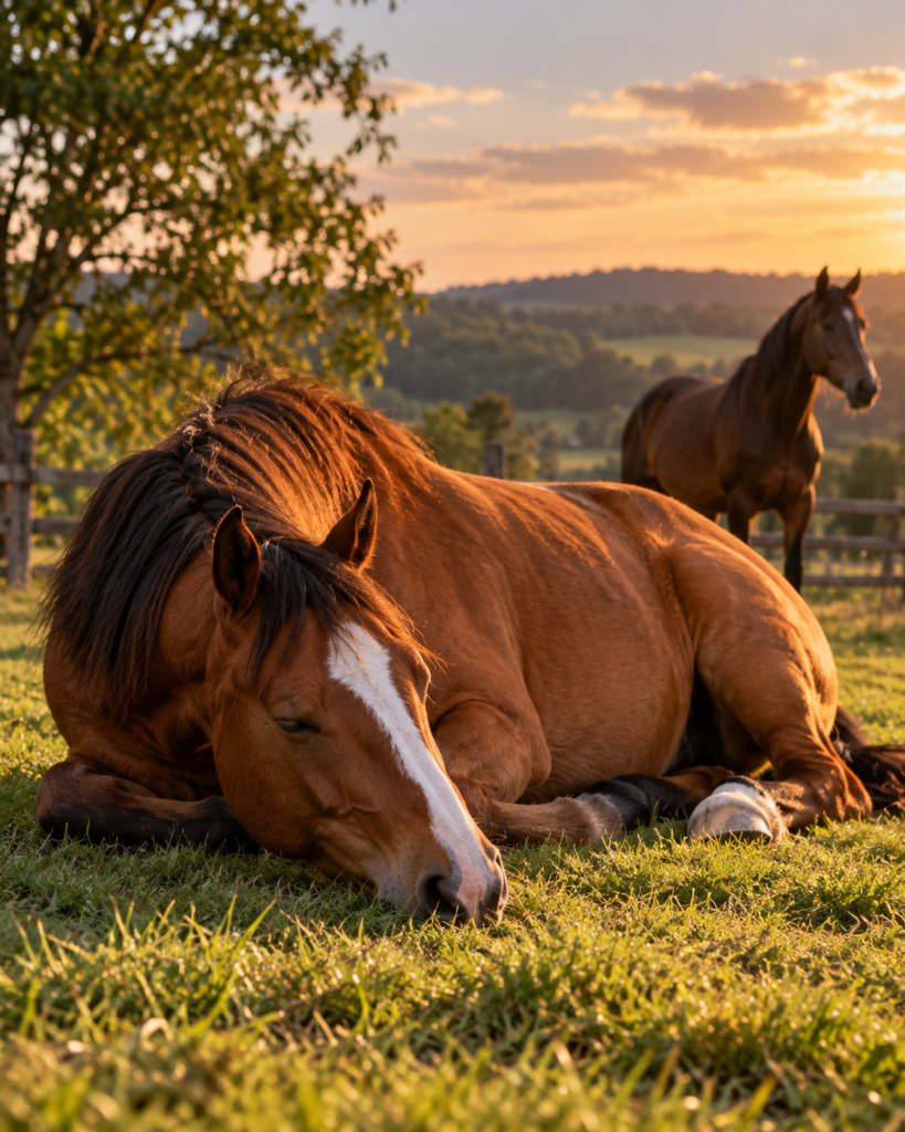 Cavalo deitado e relaxado no pasto enquanto outro cavalo permanece em pé ao fundo.