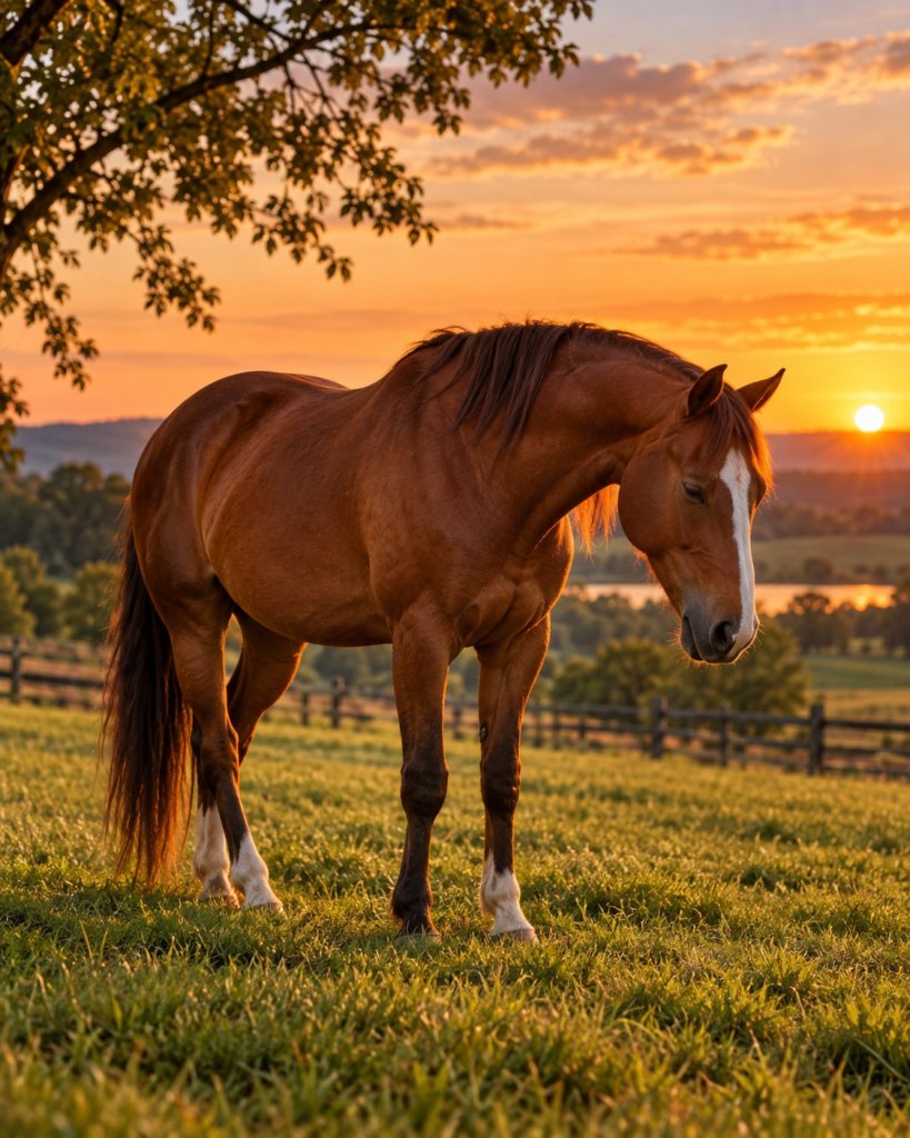 Cavalo descansando em pé com a cabeça baixa em um pasto ao entardecer.