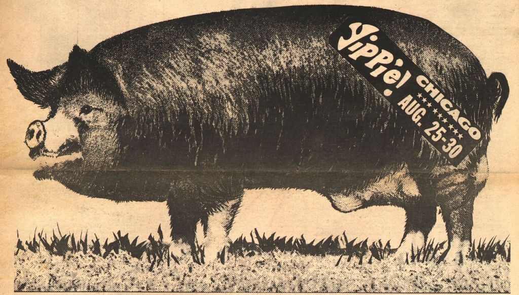 Ilustração de 1968 mostra o porco Pigasus com faixa dos Yippies para a convenção de Chicago.