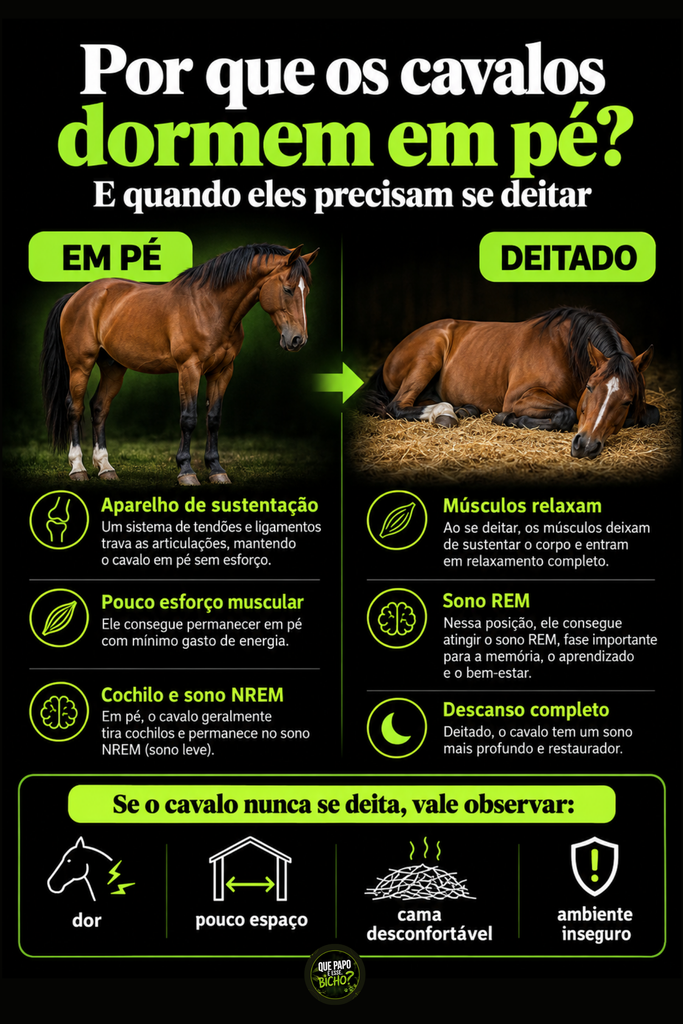 Infográfico explica por que cavalos conseguem dormir em pé e quando precisam se deitar.