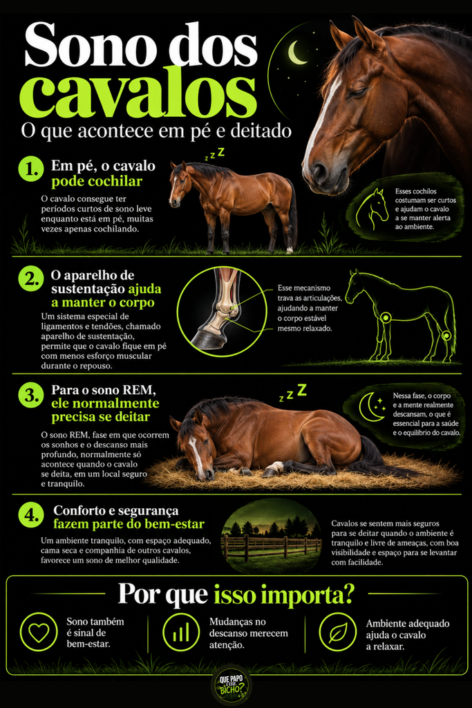 Infográfico mostra as etapas do sono dos cavalos em pé e deitados e a relação com o bem-estar.